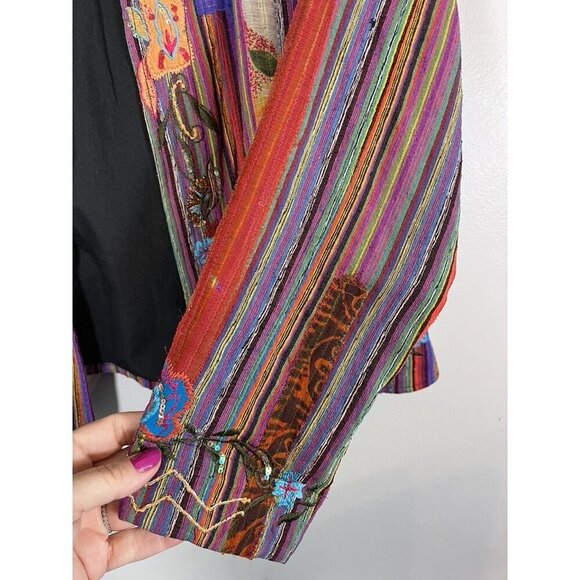 Chicos Silk Floral Jacket L Red Striped Beaded Artsy Boho Sequin Embroidery Chic - Picture 16 of 16
